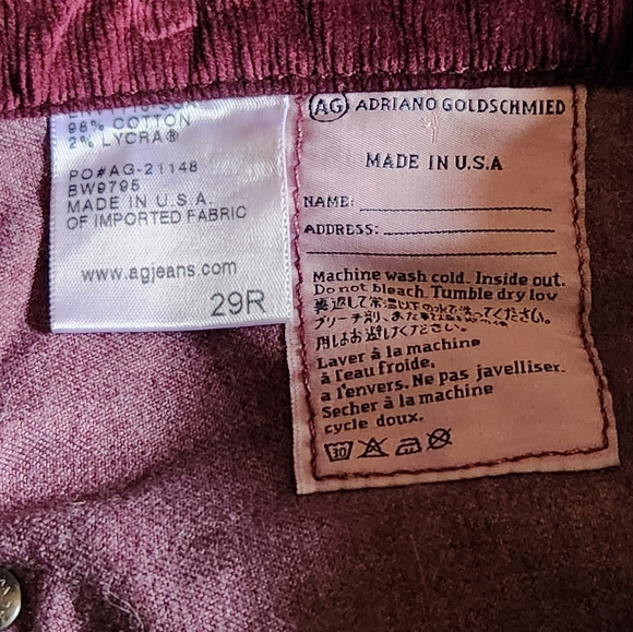 Ag Adriano Goldschmoed The Stilt Cigarette Leg Burgundy Corduroy Pants Size 29R - Picture 8 of 9